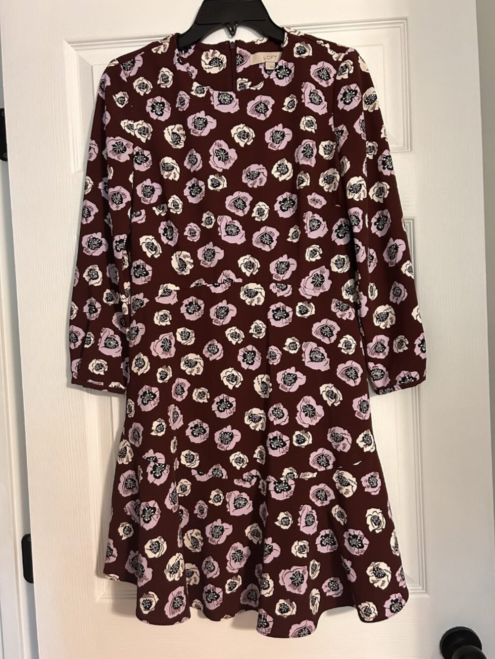 LOFT Burgundy Floral Print Long Sleeve Shift Dress